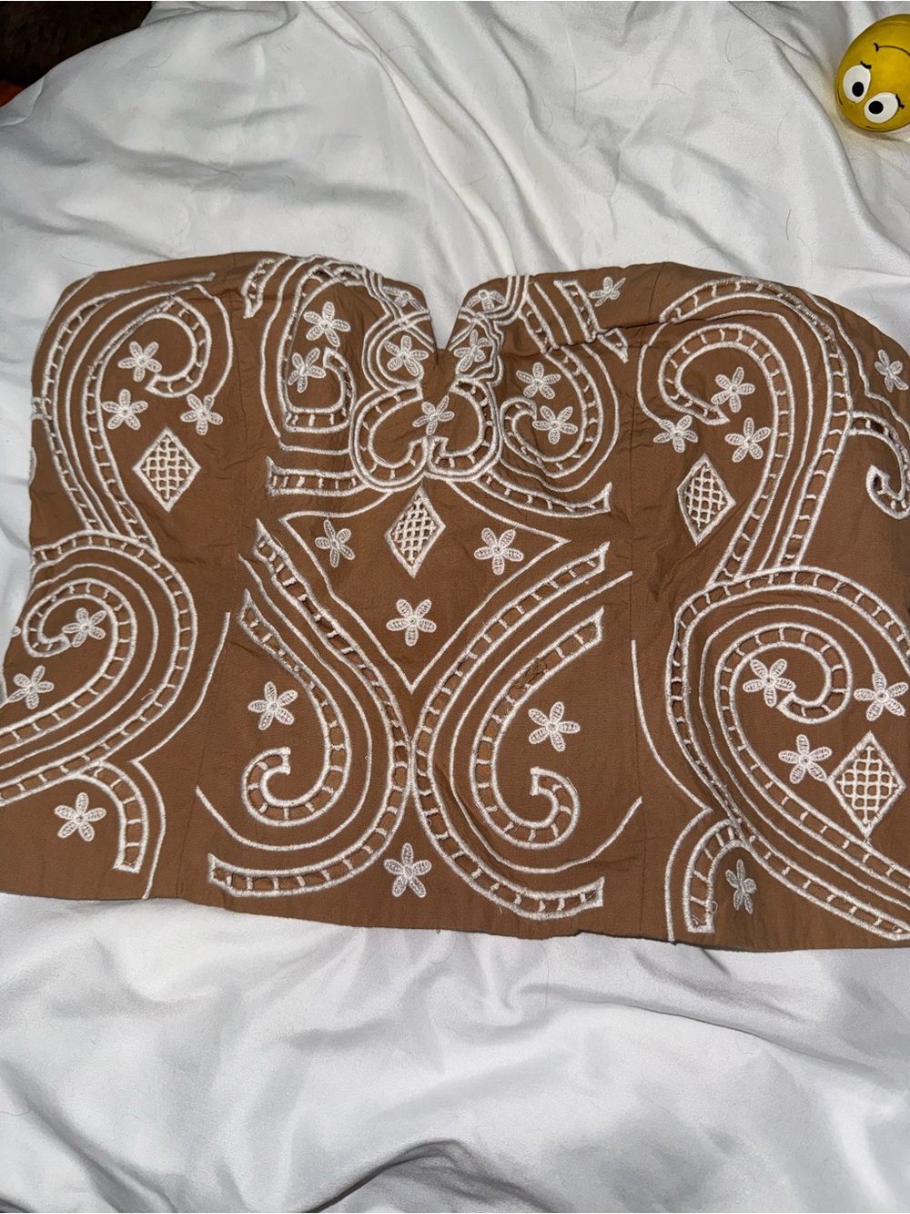 Express Bustier Top Camel Brown with White Embroidery